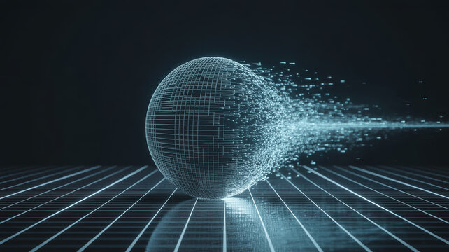 Abstract digital globe with binary code particles on a grid background, abstract
