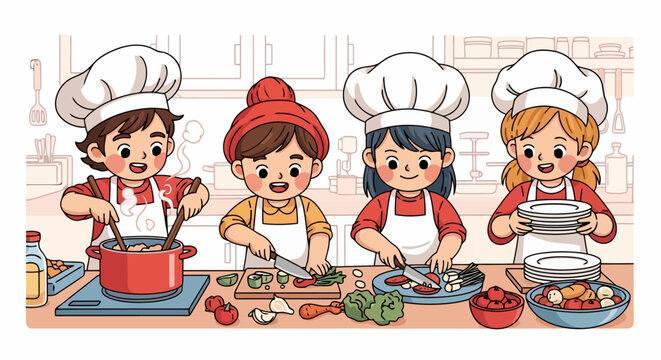 Four happy children wearing chef hats and aprons cooking together in a kitchen.