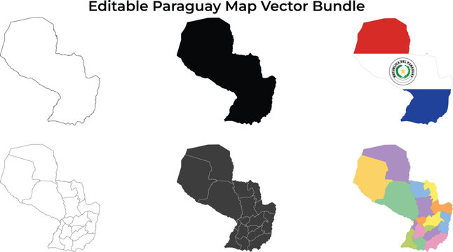 Paraguay map bundle: outline, silhouette, flag, and districts