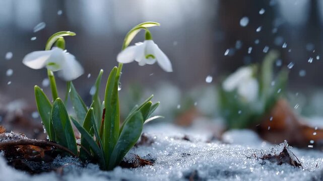 Snowdrops bloom in snowy forest during early spring with falling snowflakes all around them