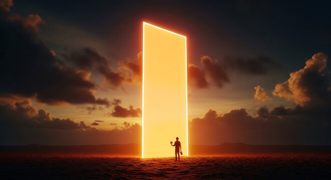 Man standing before a glowing portal at sunset, contemplating a new dimension or opportunity.