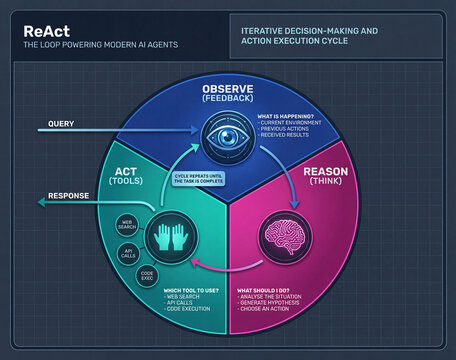 ReAct AI agent loop infographic illustrating the iterative cycle of observe reason and act in artificial intelligence systems