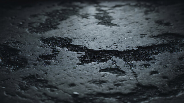 Dark gray or black wet asphalt or concrete surface with cracks and holes
