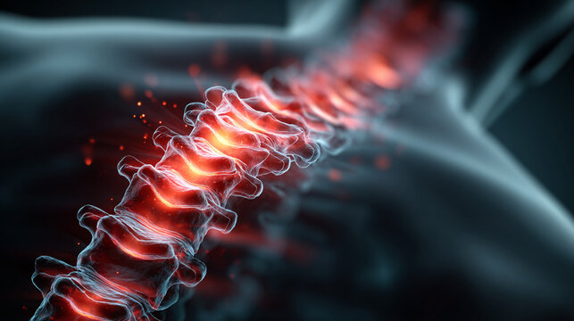 Abstract render of a glowing human spine over a blurred background with human body, medical imaging
