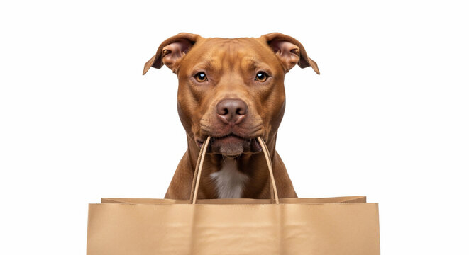 Dog brown pitbull in a shopping bag looking forward with curious expression and floppy ears featuring pet, animal, mammal with white background and