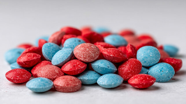 Pile of small red and blue candy pieces with junk food sugar rush food item sweet treat kid food