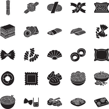 Collection of various types of pasta and noodles in black and white