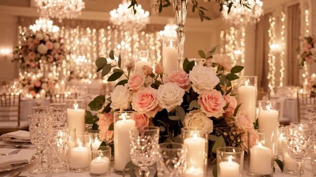  Reception hall fully set up for wedding, tables with candles and floral centerpieces, chandeliers glowing, slow dolly-in shot