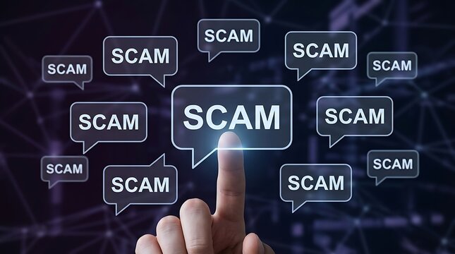 Hand pointing at scam warning speech bubbles on digital screen