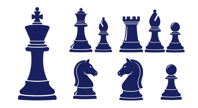 Dark Blue Chess Pieces Collection Isolated on White Background