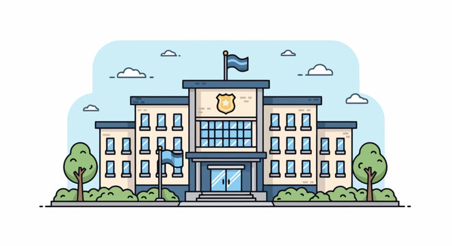 Modern Police Station Building Facade with Flags and Trees.