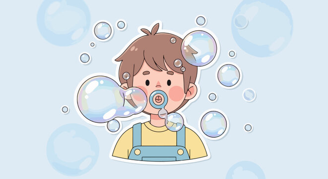 Adorable baby boy with pacifier surrounded by playful bubbles.