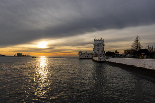 Belem Tower with sunset reflection on the Tagus River in the city of Lisbon in Portugal PRT