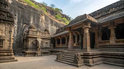 Obraz premium Ancient Rock-Cut Temple Courtyard