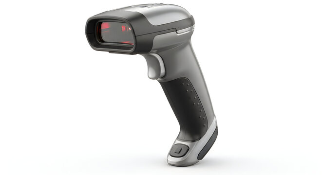 Ergonomic handheld barcode scanner with red laser emitter against a clean white background