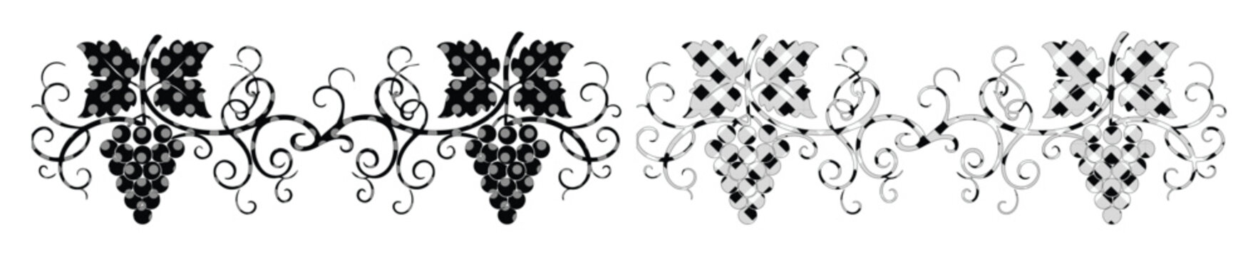 Vintage grapevine border vector, decorative grape clusters with ornate swirls, black and white vineyard filigree divider for wine labels