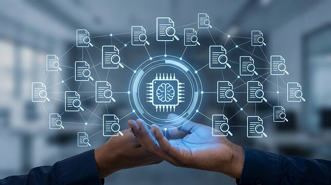 Modern cpu chip surrounded by digital document icons on futuristic tech background