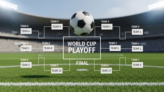 World Cup playoff bracket with soccer ball on green field