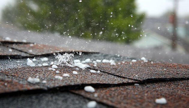 Close-animated movie view of hailstones and raindrops hitting a shingle roof during a severe weather event, showing impact and water splash