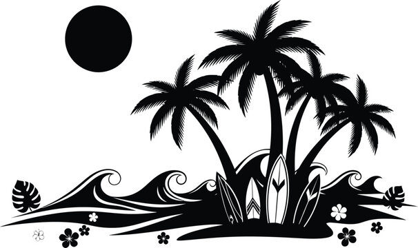 Black silhouette of palm trees, surfboards, and tropical flowers on a white background, with a full moon and stylized waves