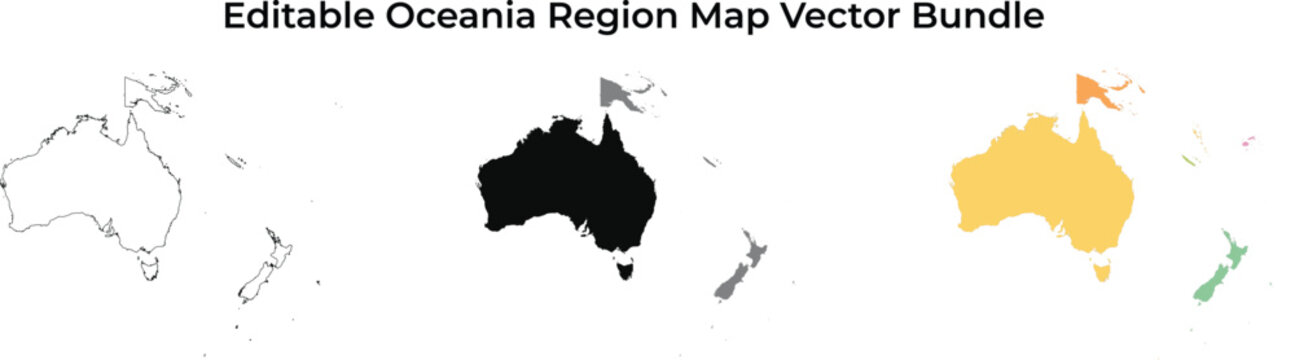 Oceania region maps: outline, black, color variations