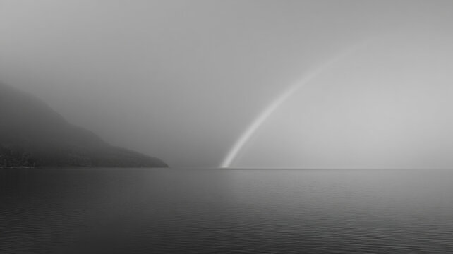 Black and white landscape with foggy lake and bow