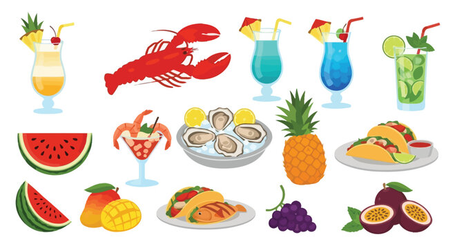 Colorful of seafood, fruits, and cocktails on white background, lobster shrimp oysters