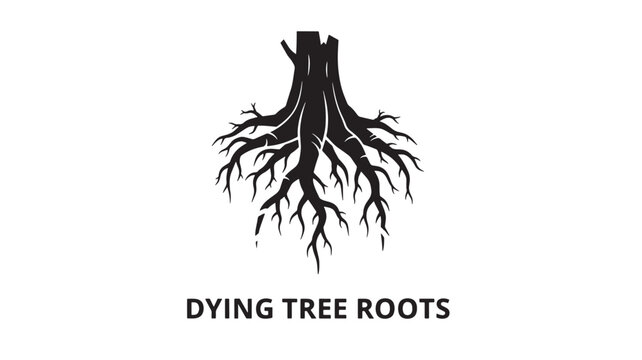 A stark, stylized illustration depicts the complex network of dying tree roots in black and white. Ideal for concepts related to decay, end of life, or environmental issues.