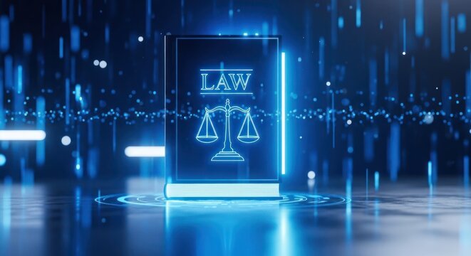 Digital law book with scales of justice on blue background
