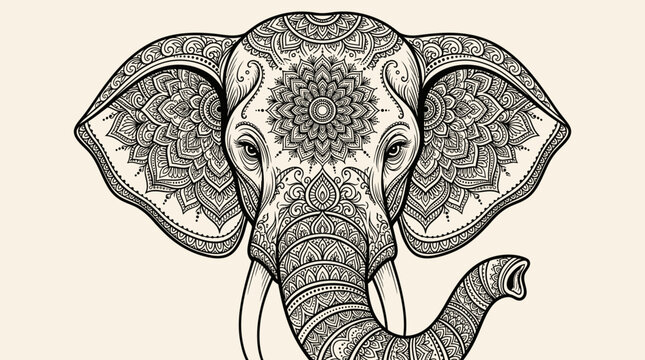 Ornate Indian Elephant Head Mandala Vector Illustration for Adult Coloring Pages and Spiritual Creative Designs