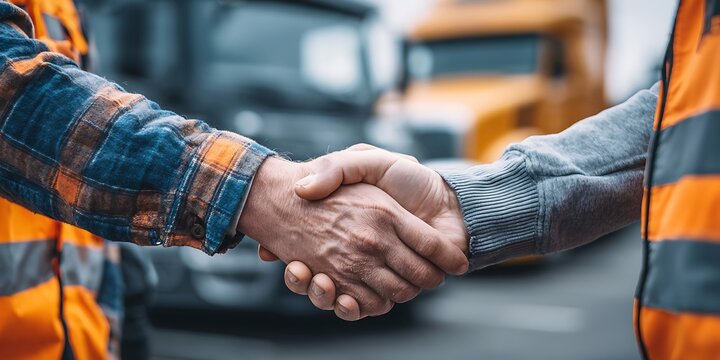 Two construction workers in high-visibility vests shake hands in front of heavy machinery, symbolizing agreement and partnership