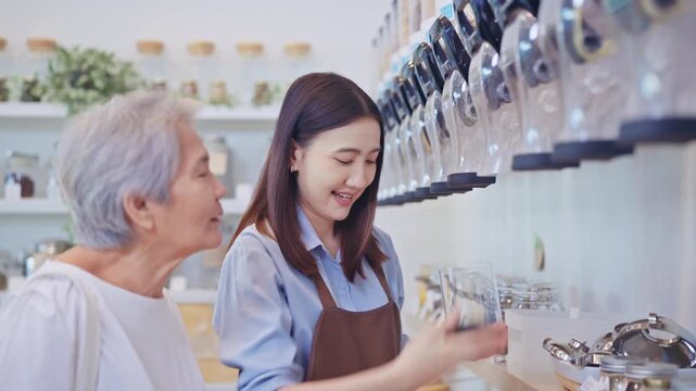 Helpful young Asian shop assistant in an apron guides a senior woman on using bulk dispensers for sustainable shopping inside a modern zero waste refill grocery store.