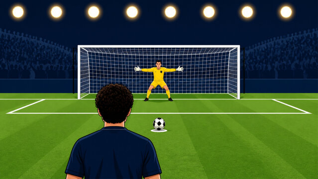 Football Penalty Kick Scene &ndash; Player Preparing to Shoot with Goalkeeper Ready Vector Illustration