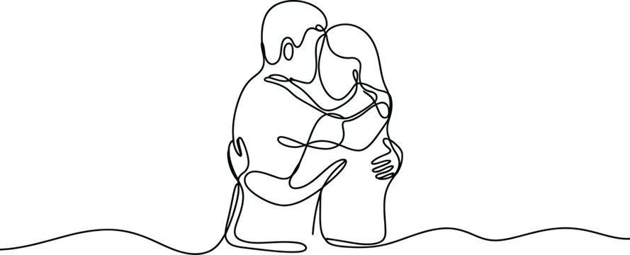 Continuous line drawing of a man and woman embracing each other