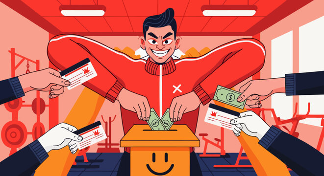 Man in red tracksuit collecting money and credit cards in a ballot box.