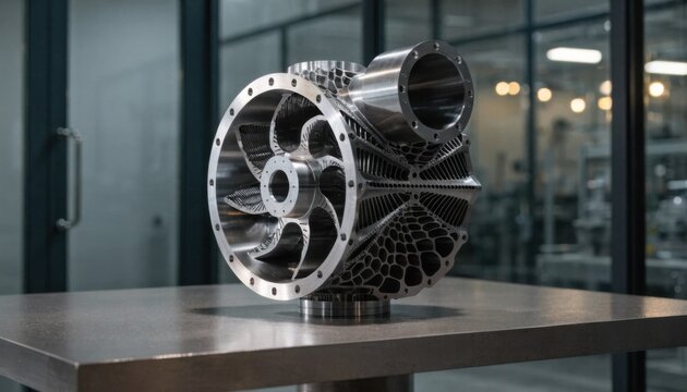 Medium shot of metallic 3Dprinted pump impeller and casing assembly showcasing precision engineering and durable additive manufacturing techniques on a professional display table.