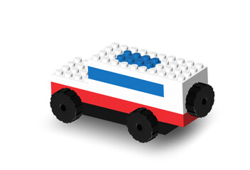 Naklejka premium White and red car SUV made by realistic Lego plastik constructor parts isolated on white background with shadow. 3D rendered editorial vector illustration