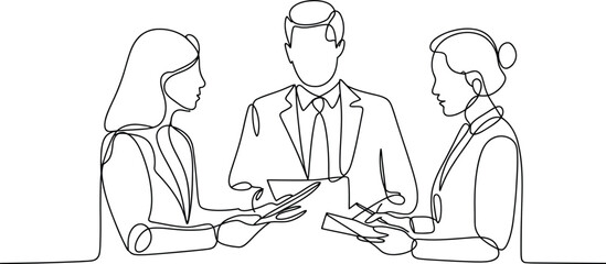 Continuous line drawing of business people discussing and sharing papers © ZeroStock