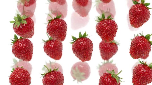 Seamless loop falling strawberries repeating pattern on white background