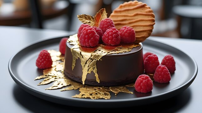 Premium gourmet chocolate fondant or lava cake decorated with edible gold leaf, fresh raspberries, and a delicate tuile cookie. Served on a stylish black plate in a luxury cafe setting. Aesthetic vibe