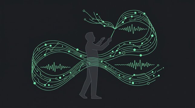 Minimalist flat vector illustration of a human silhouette orchestrating flowing green digital data waves and network lines forming an infinity symbol on a dark background