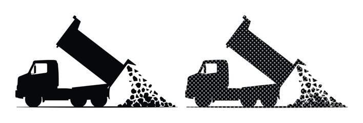 Industrial dump truck silhouette set, heavy construction tipper lorry unloading gravel, black commercial vehicle icons for logistics and building industry © Carter