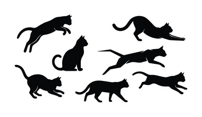 Black cat silhouette collection, set of 7 feline vector icons in various poses, jumping and stretching domestic cat shapes for logo design and pet branding © Carter
