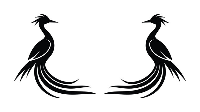 Elegant phoenix bird silhouettes, symmetrical mythical firebird vector icons, black tribal peacock illustrations for luxury branding and tattoo design