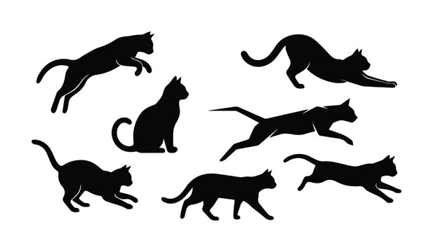 Black cat silhouette collection, set of 7 feline vector icons in various poses, jumping and stretching domestic cat shapes for logo design and pet branding