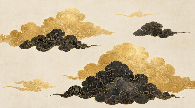 A Japanese pattern frame with gold and black clouds and waves on a washi paper background.