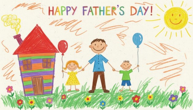 Happy Father's Day greeting card, child's crayon drawing of a family with dad and kids, colorful hand-drawn illustration with house and sun