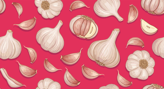 vibrant pattern of garlic bulbs and cloves on a deep pink background for kitchen decor, cooking, and healthy herbal food themes.