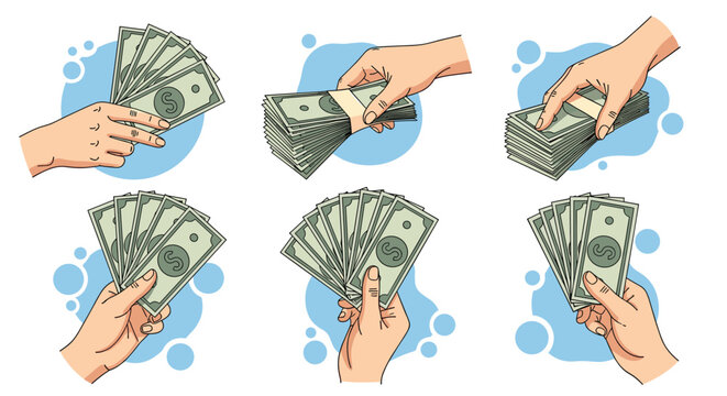 human hands holding and displaying several fans and stacks of us dollar banknotes on a blue abstract background for finance and wealth concepts.