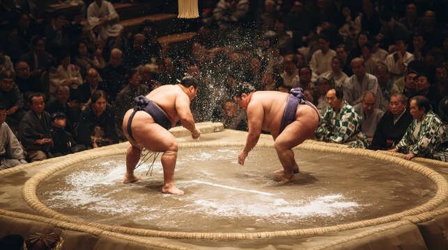 Two sumo wrestlers compete in a wrestling match inside a traditional arena during a tournament in Japan with a crowd watching closely
